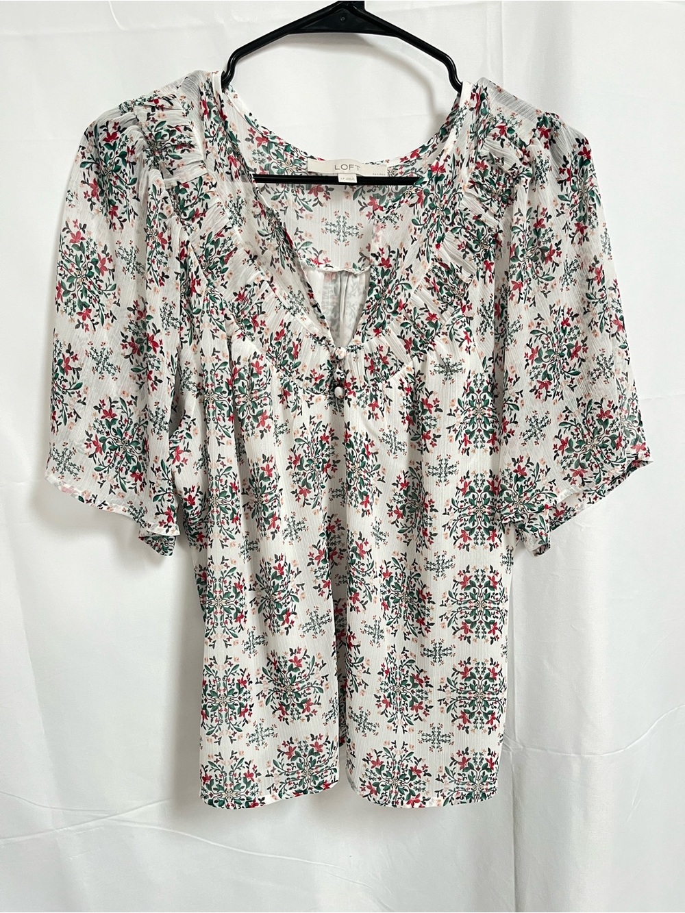 LOFT White Floral Lined Peasant Blouse - Short Sleeve